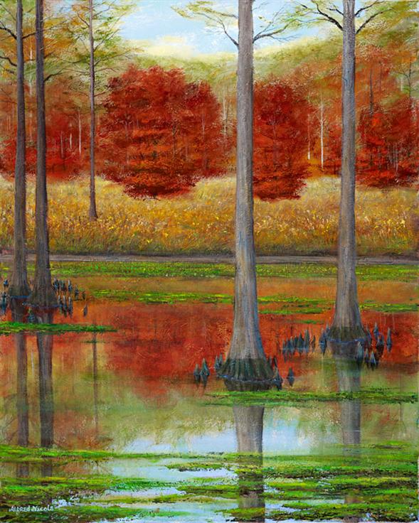 Painting of a Swamp with Colorful Maples
