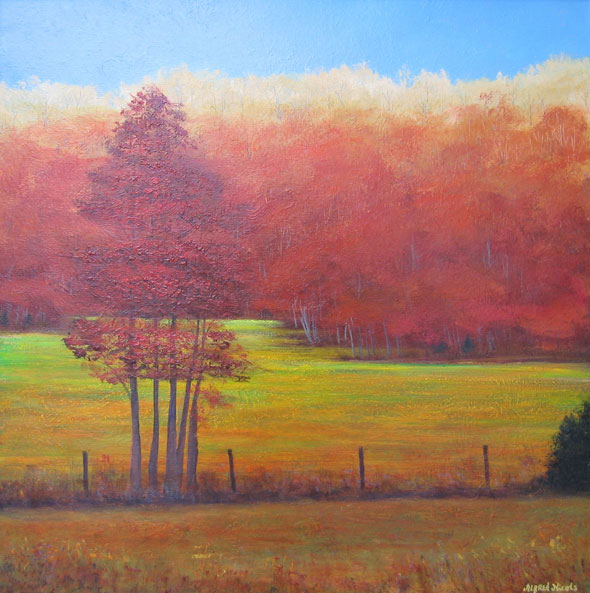 Oil painting of autumn leaves and foliage in a field